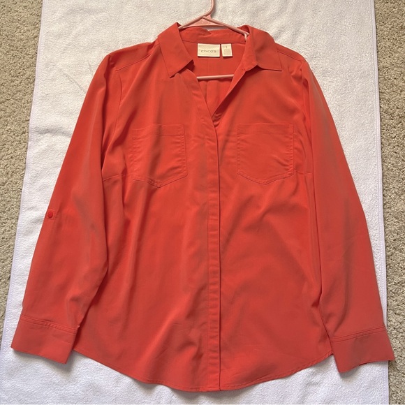 Chico’s Solid Button Down Utility Blouse Coral Modal Dress Shirt Medium - Picture 3 of 7